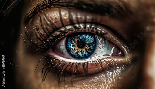Blue eyed woman staring with elegance, macro view of iris generated by AI