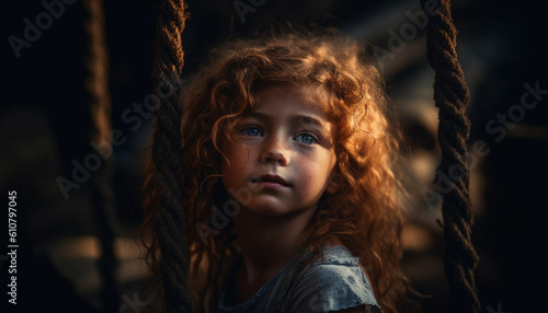 One cute girl with curly brown hair playing in forest generated by AI