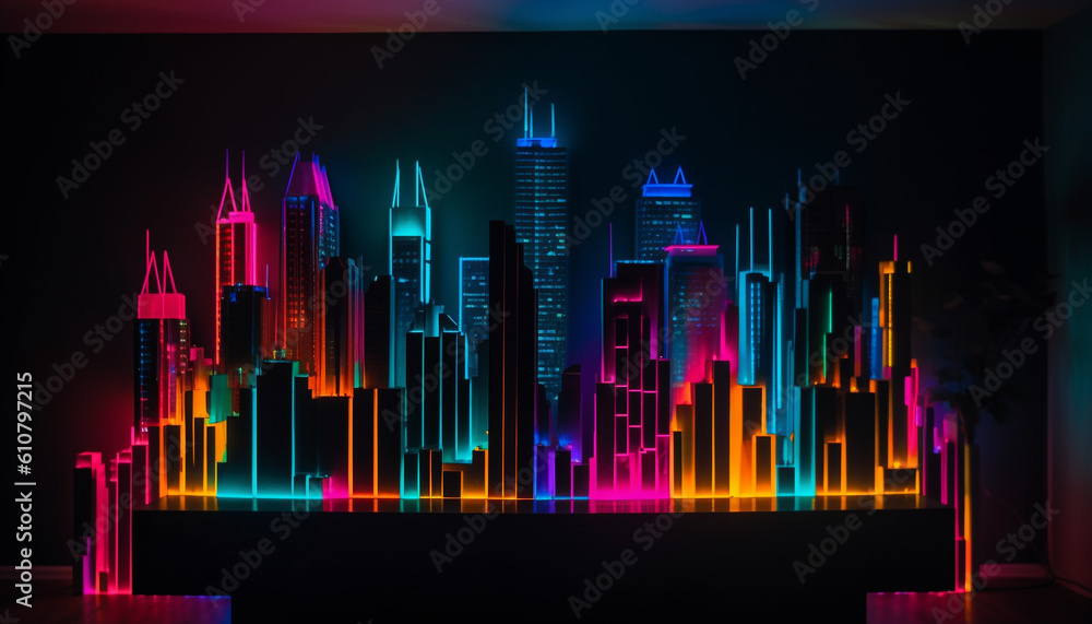 Neon city skyline glows with vibrant colors and futuristic architecture generated by AI
