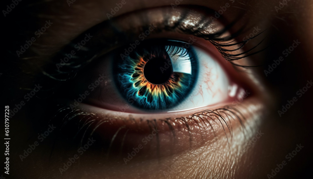 Blue eyed woman staring at camera with macro view of iris generated by AI