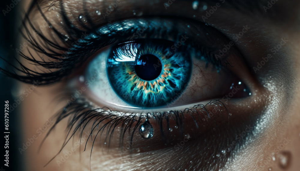 Close up of woman blue eyes staring with wet eyelashes generated by AI