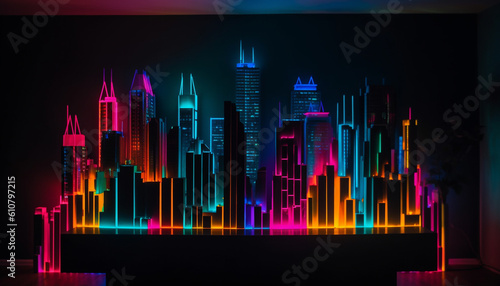 Neon city skyline glows with vibrant colors and futuristic architecture generated by AI
