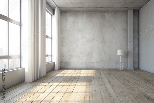 Interior template in white. white-painted concrete walls with a window and a light-colored timber floor. Generative AI