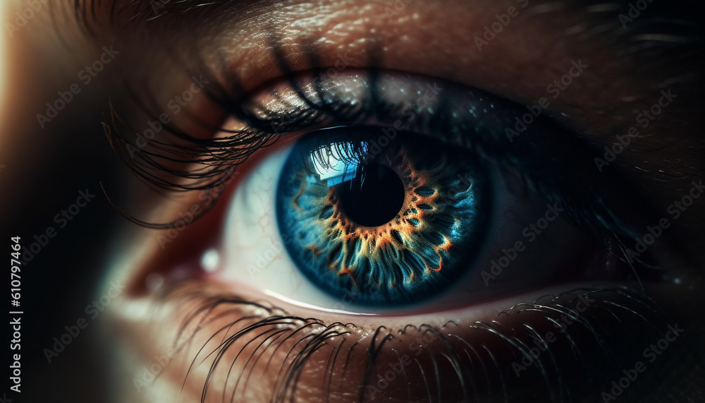 Fototapeta premium Blue eyed women staring, watching with beauty in dark lens generated by AI