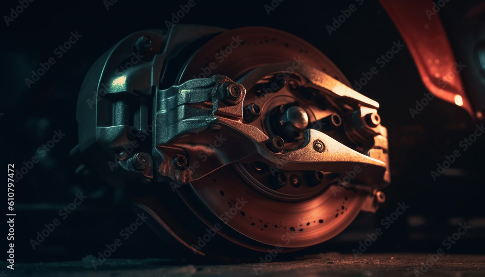 Fototapeta premium Metal worker repairing brake part of land vehicle in factory generated by AI