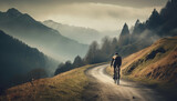 Men cycling through mountain range, enjoying healthy outdoor adventure generated by AI