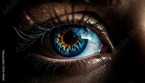 Close up of young adult blue eye staring at camera generated by AI