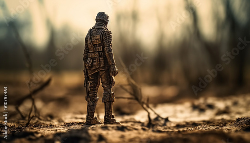 Army soldier in camouflage clothing aiming rifle in forest battlefield generated by AI