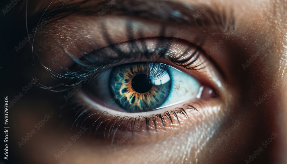 Obraz premium One young woman staring at camera with blue eyes only generated by AI