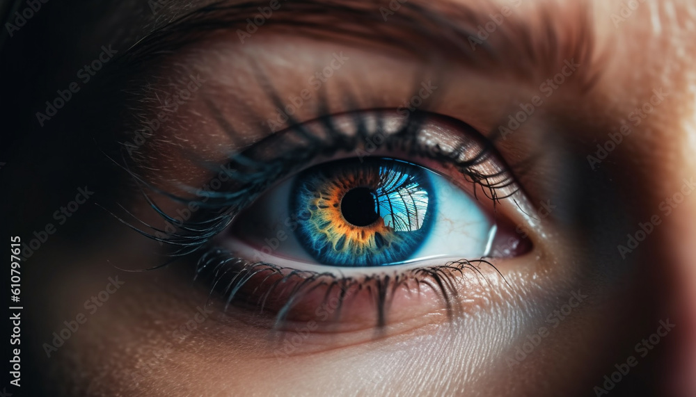 Fototapeta premium Young woman staring at camera with blue eyes and elegance generated by AI