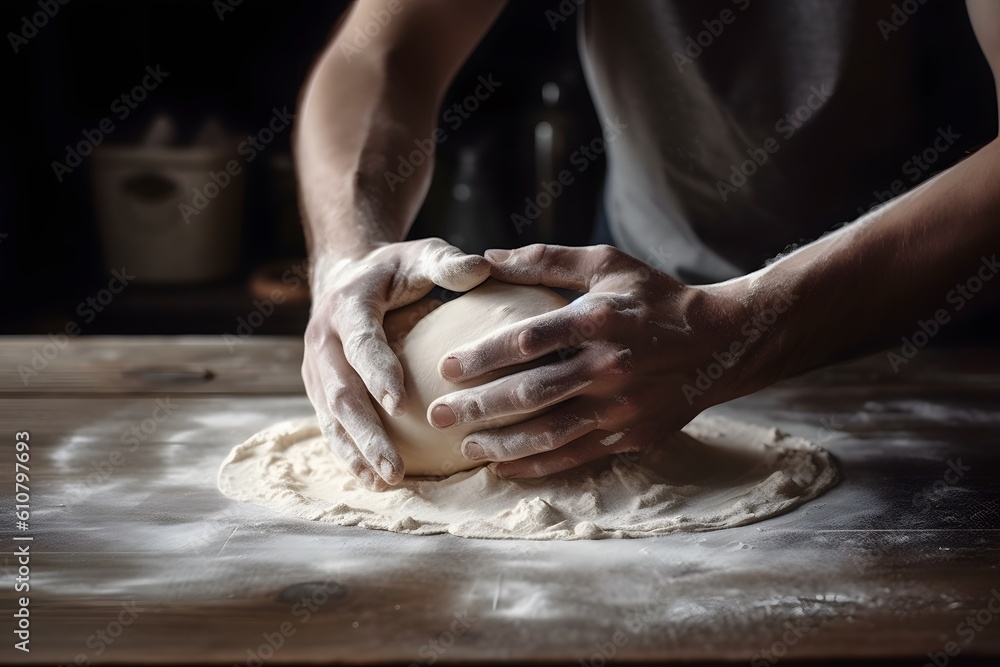 hands making flour dough in a kitchen Generative AI