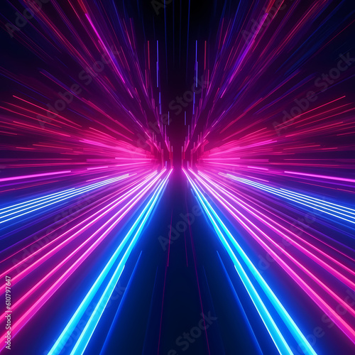 3D Neon Lights on a black background with space, rendering, neon beams, neon rays. Generative AI