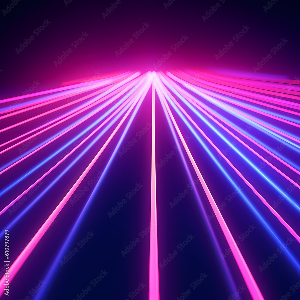 Obraz premium 3D Neon Lights on a black background with space, rendering, neon beams, neon rays. Generative AI