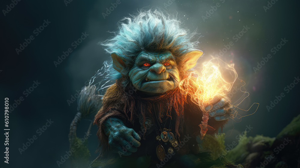 Fantastic small troll with big face and fireball in the hand and light particles uniform background