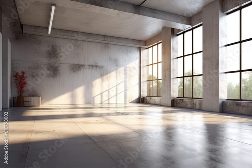 White walls and a concrete floor can be found in an empty loft. Generative AI