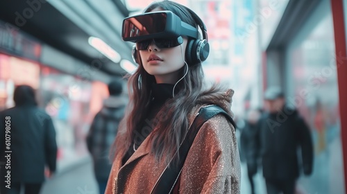 A woman wearing a virtual reality goggles. Future technology concept. Created with generative AI technology.