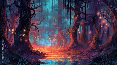 Dark mysterious forest with a magical water and a portal to another world. Night fantasy forest.