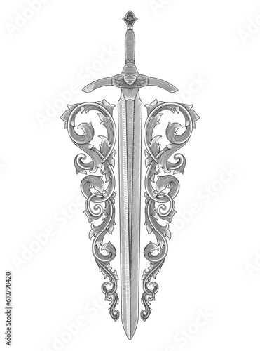 antique sword with ornament, vintage engraving drawing style illustration