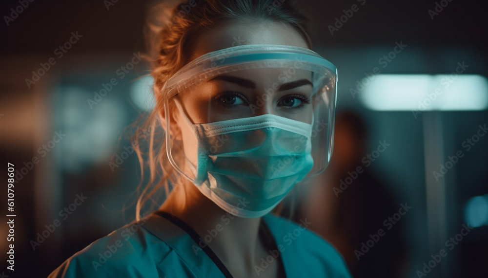 Caucasian surgeon in protective workwear and mask looking confidently at camera generated by AI Caucasian surgeon in protective workwear and mask looking confidently at camera generated by AI