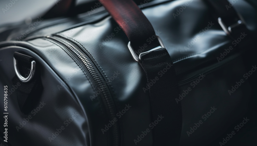 Modern leather backpack with black buckle, carrying adventure equipment outdoors generated by AI