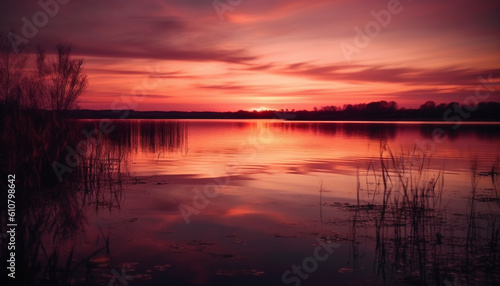 Tranquil sunset over water  nature beauty in vibrant colors generated by AI