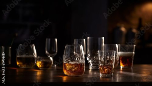 Luxury whiskey bar, dark wood background, glass reflection, celebration night generated by AI