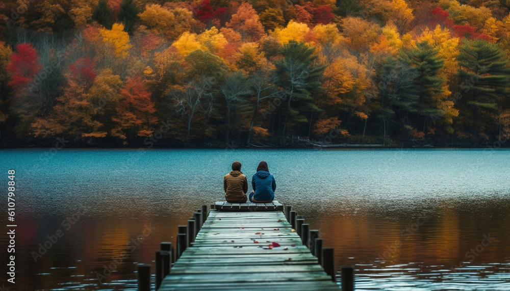 Young couple walking in serene autumn forest, enjoying tranquil beauty generated by AI