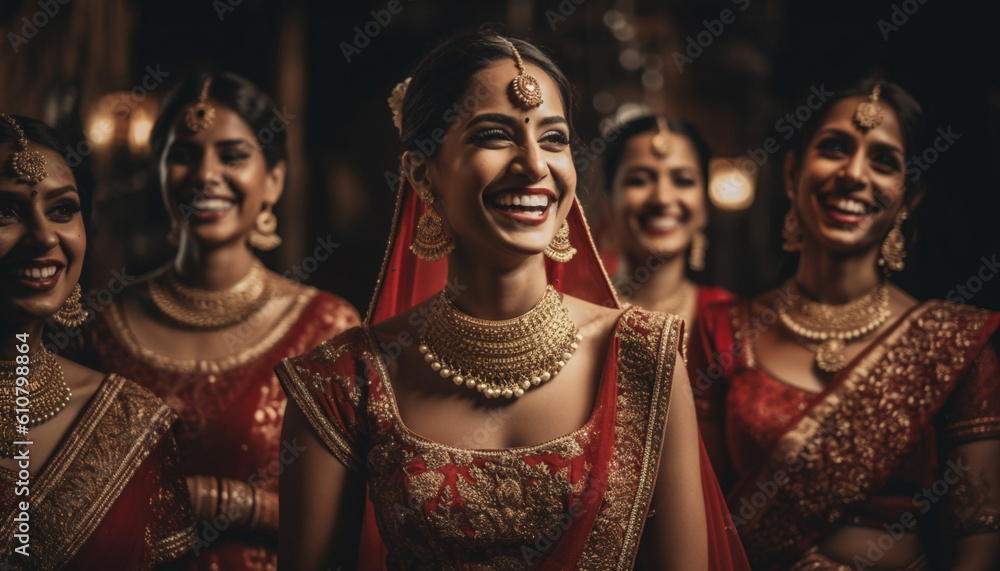 Smiling young women in traditional saris celebrate Indian culture together generated by AI - obrazy, fototapety, plakaty 