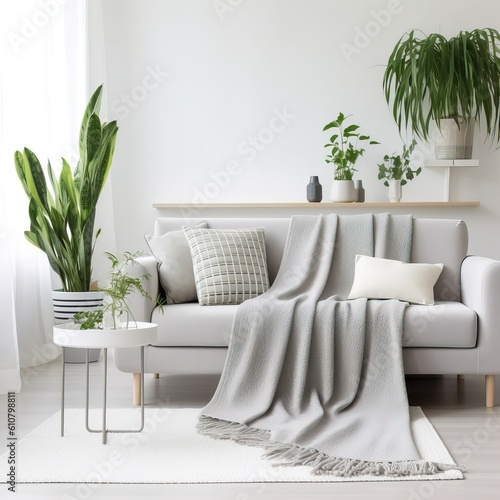 Contemporary home interior with sofa, folded blanket and pillows, detailed room decor, empty wall mockup Generative AI