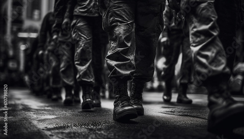 Army soldiers in black and white uniform marching with rifles generated by AI