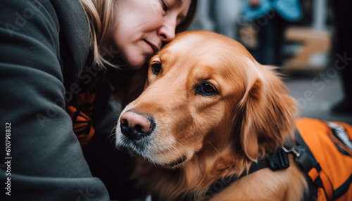 Smiling young woman embraces cute purebred puppy in autumn outdoors generated by AI