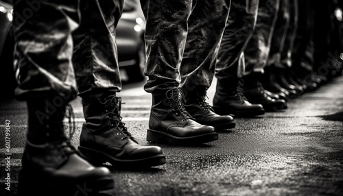 Army veterans march in unison, showcasing their patriotism and togetherness generated by AI