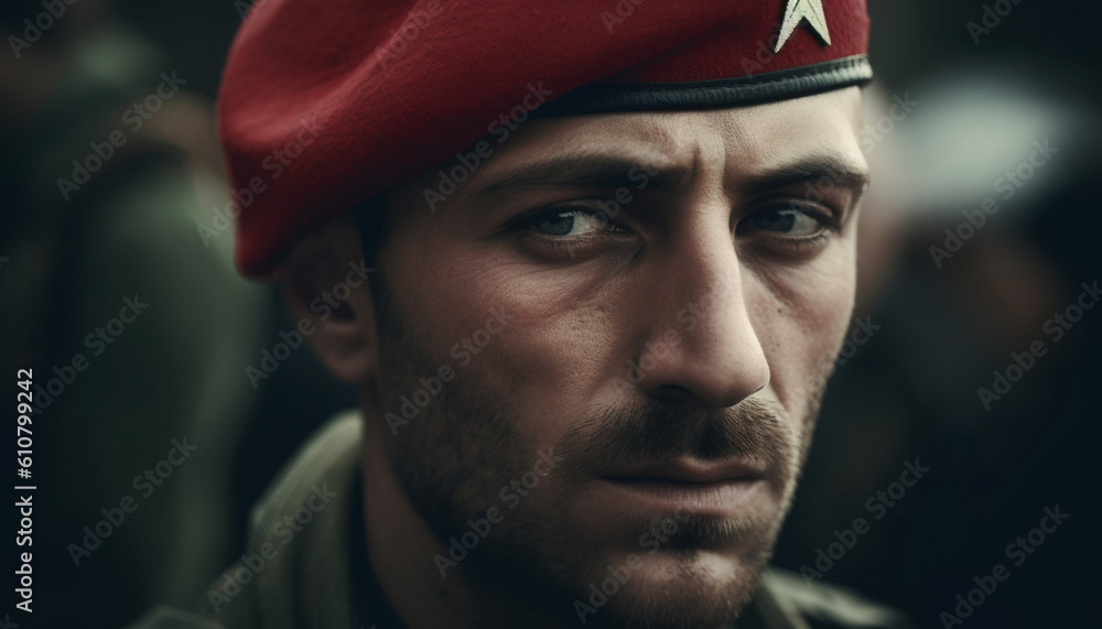 Confident young adult with beard in casual cap outdoors looking serious generated by AI Confident young adult with beard in casual cap outdoors looking serious generated by AI