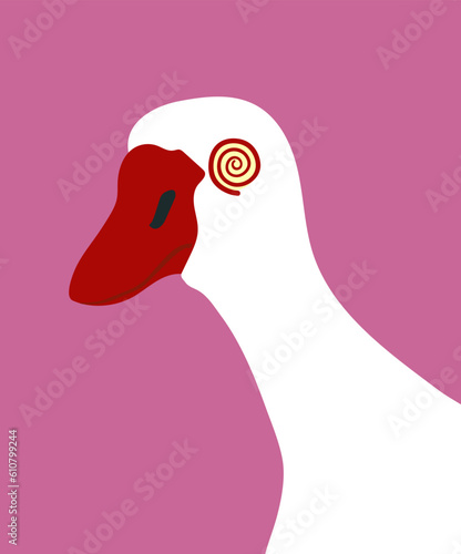Vector illustration with funny hypnotic goose. Spiral pupil. T-shirt print.