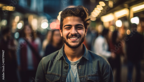 Confident young men enjoy city nightlife, smiling and walking outdoors generated by AI