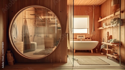 Interior of a wooden shower with a tiled floor, a rug, a sink with a mirror, a closet, and a window with a unique shape. two-exposure tonal picture Generative AI © 2rogan