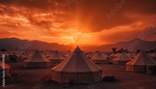 Camping in the tranquil mountain meadow, enjoying the sunset heat generated by AI