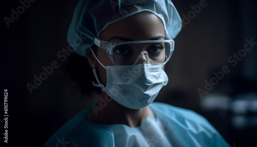 Medical professionals in protective workwear and surgical masks working confidently generated by AI