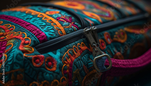 Ornate embroidery decorates old fashioned leather travel bag for cultural journey generated by AI