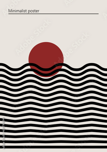 Vector illustration with sea, waves, sun. Artwork, minimalist poster design in red and black colors. Abstract wall art.