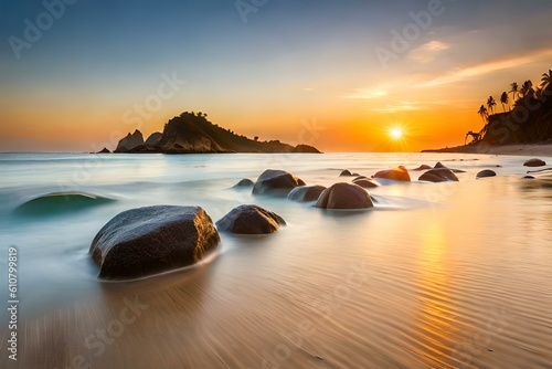 Closeup sea sand beach. Panoramic beach landscape. Inspire tropical beach seascape horizon. Orange and golden sunset sky calmness tranquil relaxing sunlight summer mood. Vacation travel holiday banner