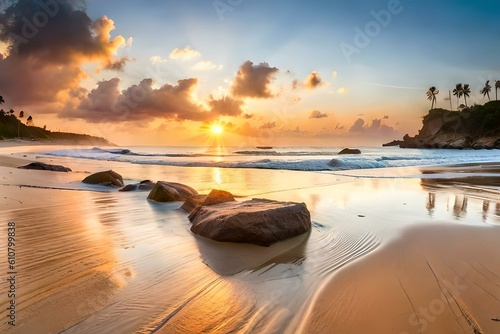 Closeup sea sand beach. Panoramic beach landscape. Inspire tropical beach seascape horizon. Orange and golden sunset sky calmness tranquil relaxing sunlight summer mood. Vacation travel holiday banner