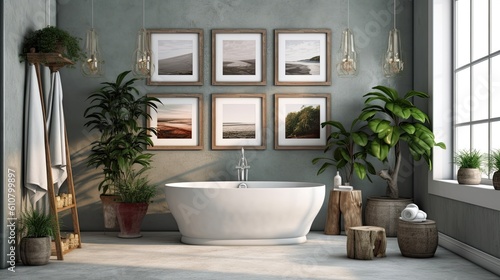 a lavish bathroom with a bathtub, a mock-up picture frame on a stunning wall, decorated with cozy furnishings and plants, Generative AI © 2rogan
