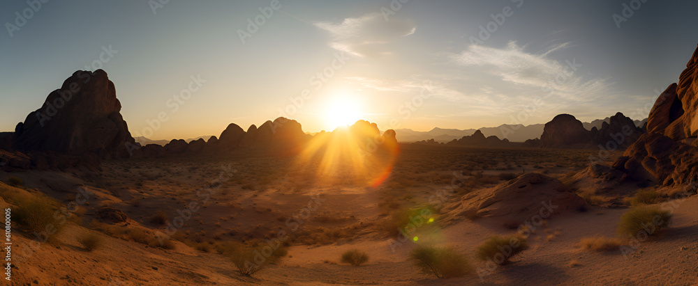 wide angle view of a generic rocky mountains of Saudi Arabia desert touristic destination at the golden hour sunset