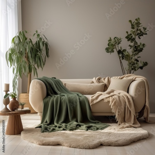 Contemporary home interior with sofa, folded blanket and pillows, detailed room decor, empty wall mockup Generative AI