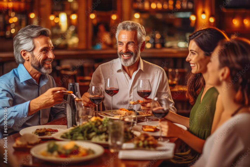Smiling caucasian people dinning out and enjoying each other's company while having a dinner party. Generative AI