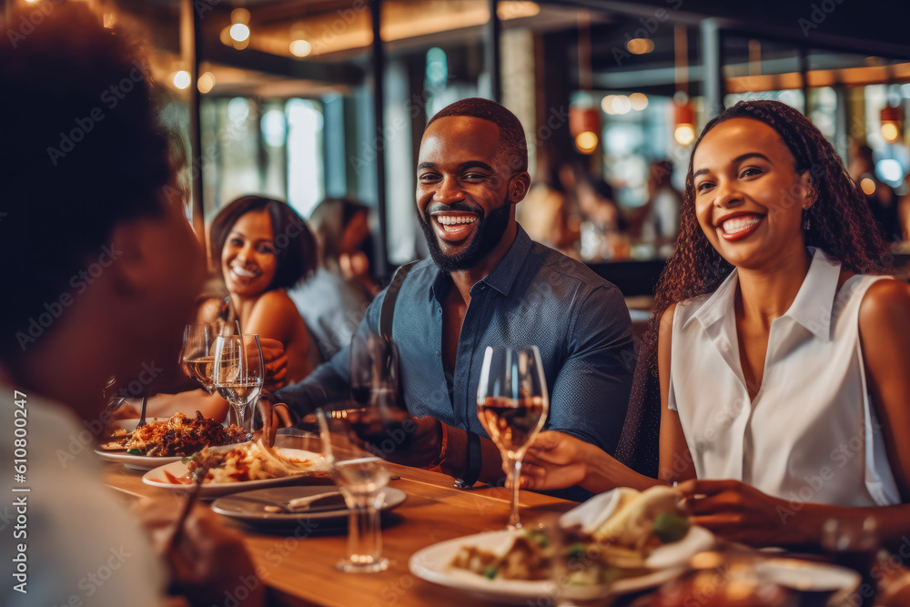 Adult african american people dinning out, smiling and enjoying each other's company. Generative AI