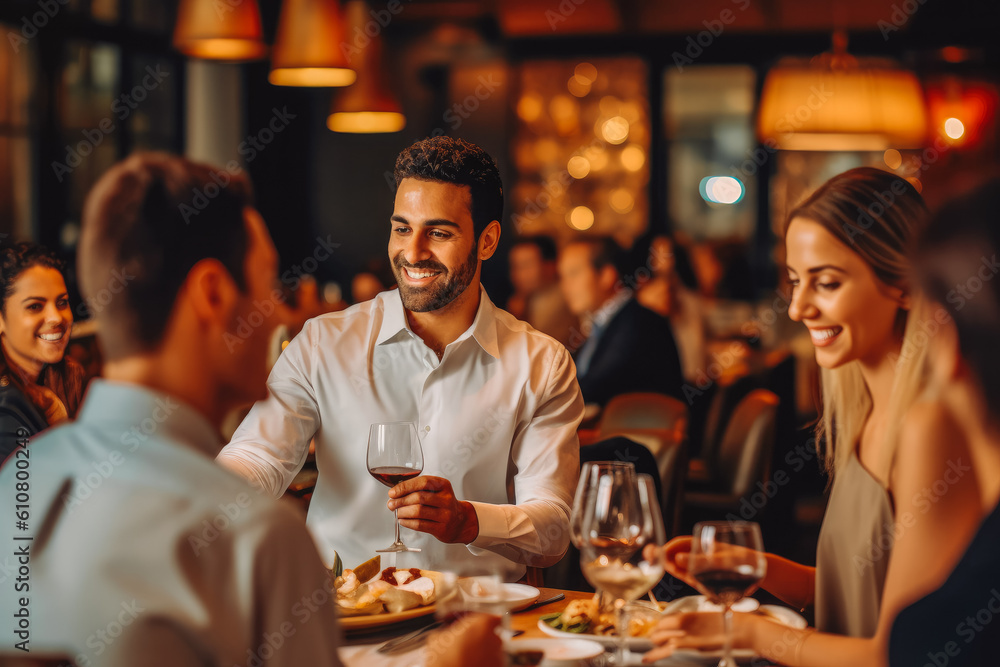 Smiling adult people dinning out and enjoying each other's company while having a dinner party. Generative AI