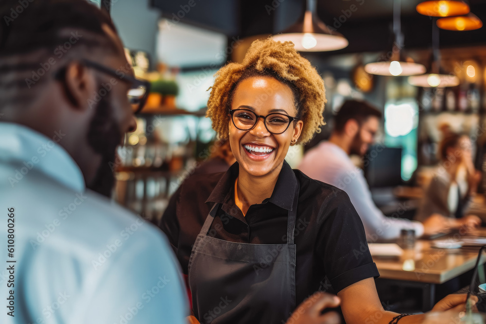 Beautiful young waitress laughing with her african american colleague at the restaurant. Generative AI