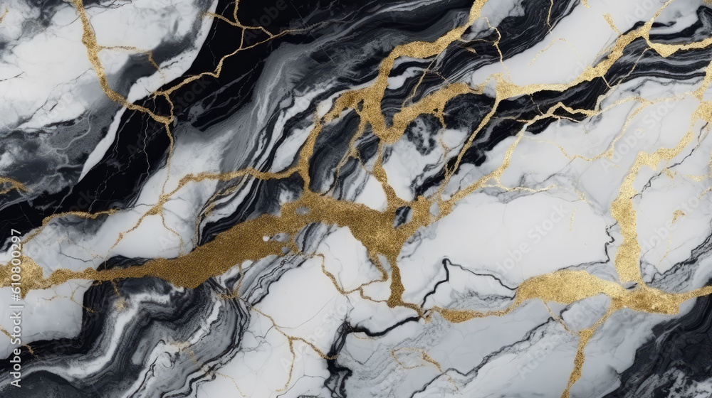 Texture of white and black marble stone with golden and black veins of wavy shape